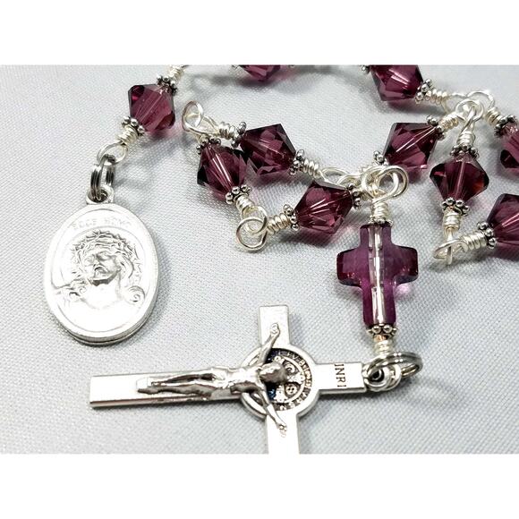 Ecce Homo One Decade Rosary Purple Swarovski Cross St. Benedict Crucifix - Picture 8 of 10